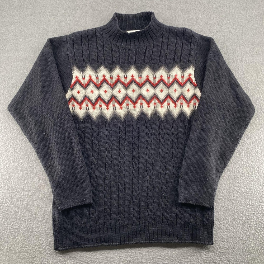 Vintage‎ Russ Sweater Womens Small Blue Fair Isle Mock Neck Cable Knit Pullover